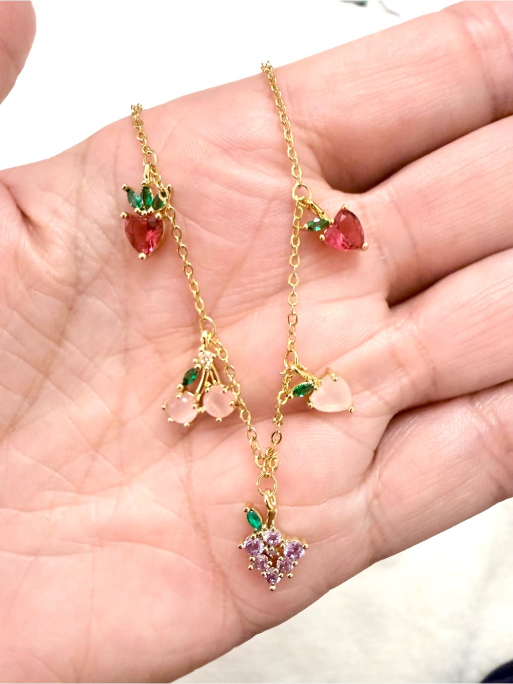 Gold Plated Fruit Pendant Necklace with Sparkly Gem Accents